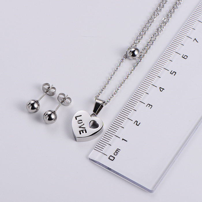 Wholesale Jewelry Round Bead Heart-shaped Pendant Titanium Steel Necklace Earrings Set jewelry