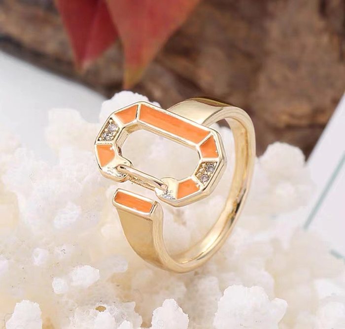 Basic Modern Style Geometric Copper Enamel Plating Inlay Zircon Open Ring