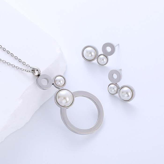 Luxurious Simple Style Round Stainless Steel Plating Inlay Artificial Pearls 18K Gold Plated Earrings Necklace