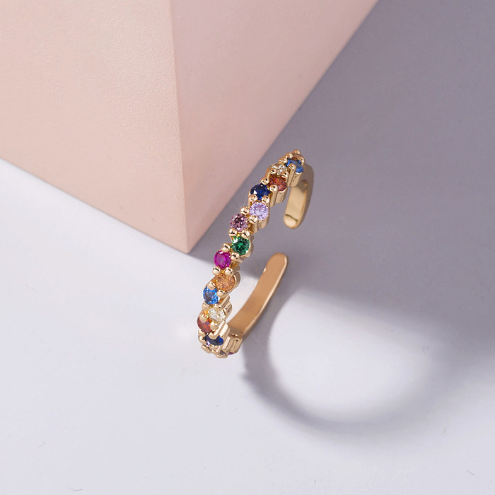 Simple Style Rainbow Zircon Adjustable Opening Ladies Copper Ring