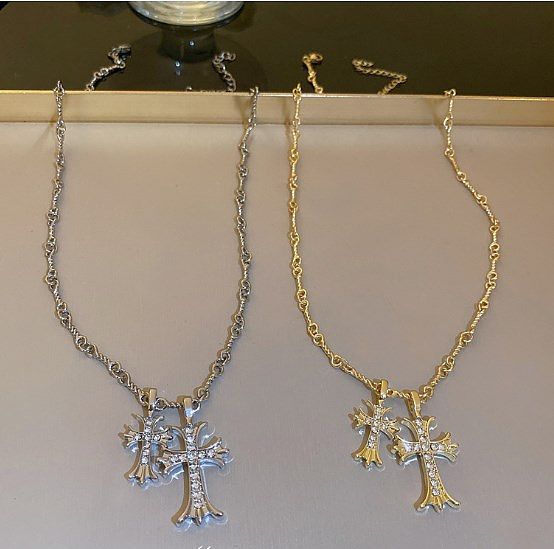 Casual Retro Modern Style Cross Copper Inlay Rhinestones Pendant Necklace