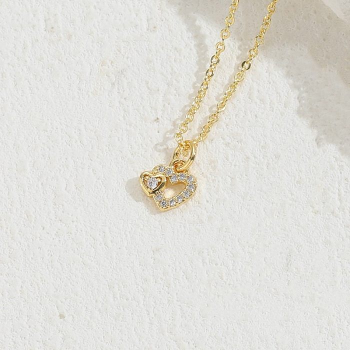 IG Style Love Heart Shape Chapeamento de cobre oco incrustação de zircão colar com pingente banhado a ouro 14K
