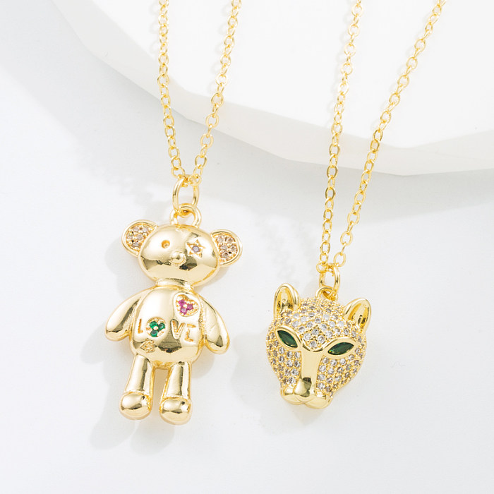 Classic Style Bear Leopard Copper Gold Plated Zircon Pendant Necklace 1 Piece