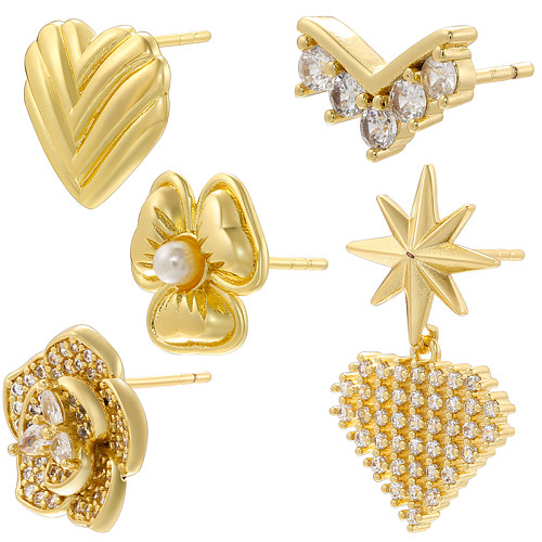 1 paire de clous d'oreilles plaqués or 18 carats, Style Vintage français, en forme de V, en forme de cœur, incrustation de cuivre et de Zircon
