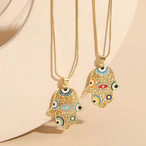 Retro Ethnic Style Devil'S Eye Palm Copper Enamel Plating Inlay Zircon Pendant Necklace