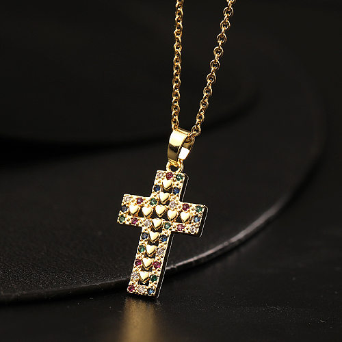 Grundlegende Streetwear-Halskette mit Kreuz-Kupfer-Beschichtung und Inlay-Zirkon-Anhänger