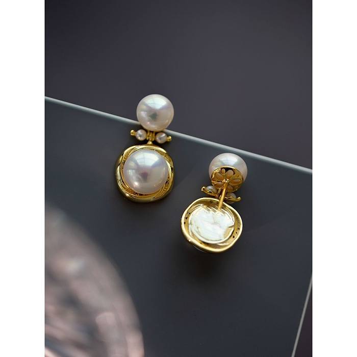 1 Pair Simple Style Round Inlay Copper Pearl Drop Earrings