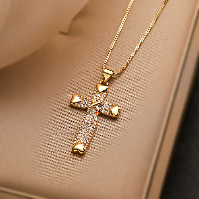 Simple Style Commute Cross Copper Plating Inlay Zircon 18K Gold Plated Pendant Necklace