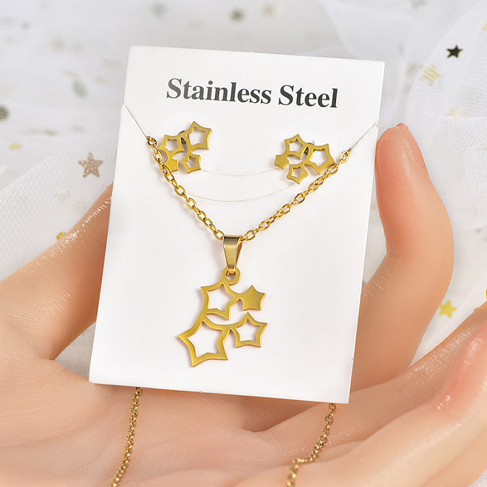 Moda estrela coração forma coroa de aço inoxidável incrustado ouro feminino brincos colar 1 conjunto
