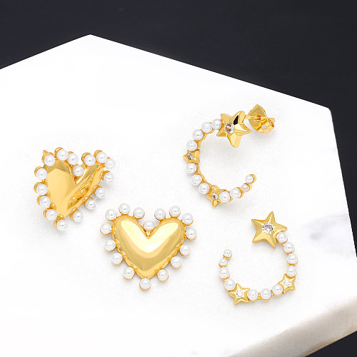 Simple Style Moon Heart Shape Dragonfly Copper Plating Inlay Pearl Zircon Ear Studs 1 Pair
