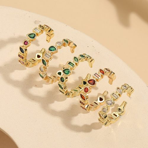 Simple Style Classic Style Water Droplets Rectangle Copper Asymmetrical Plating Inlay Zircon 14K Gold Plated Open Rings
