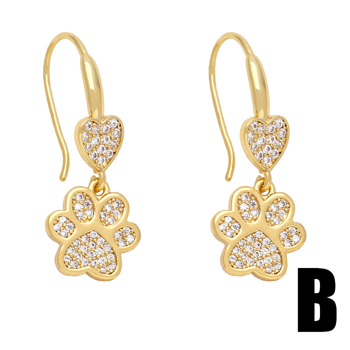 1 Pair Cute Sweet Simple Style Paw Print Heart Shape Cat Plating Inlay Copper Zircon 18K Gold Plated Drop Earrings