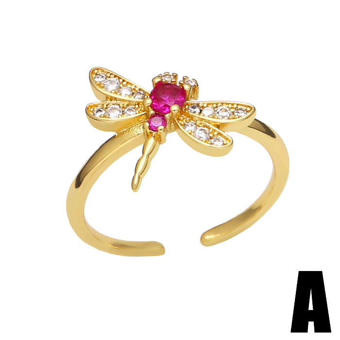 Anillo abierto de cobre con libélula a la moda, anillos de cobre con incrustaciones de circón