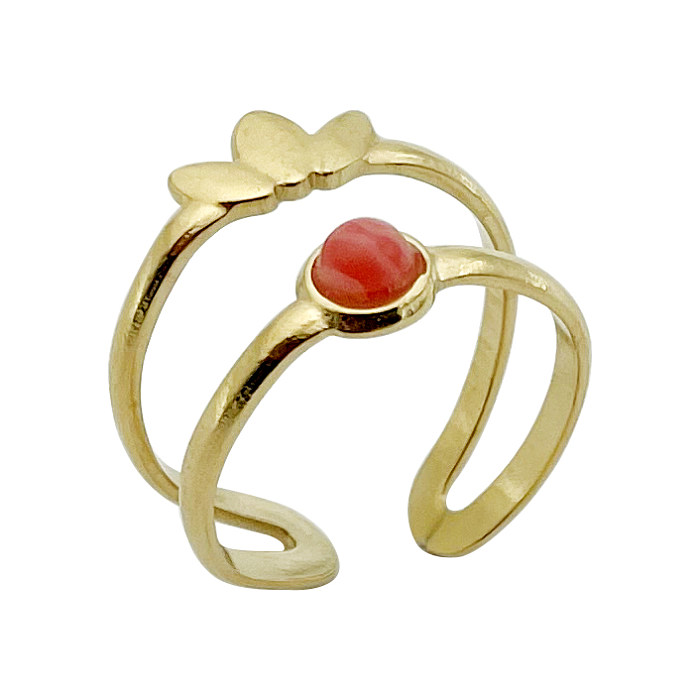 Elegant Luxurious Round Crown Stainless Steel Natural Stone Plating Inlay Artificial Gemstones Gold Plated Open Ring