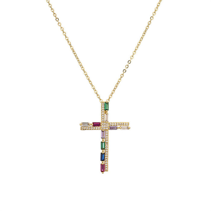 Modische Kreuz-Kupfer-Inlay-Zirkon-Anhänger-Halskette, 1 Stück