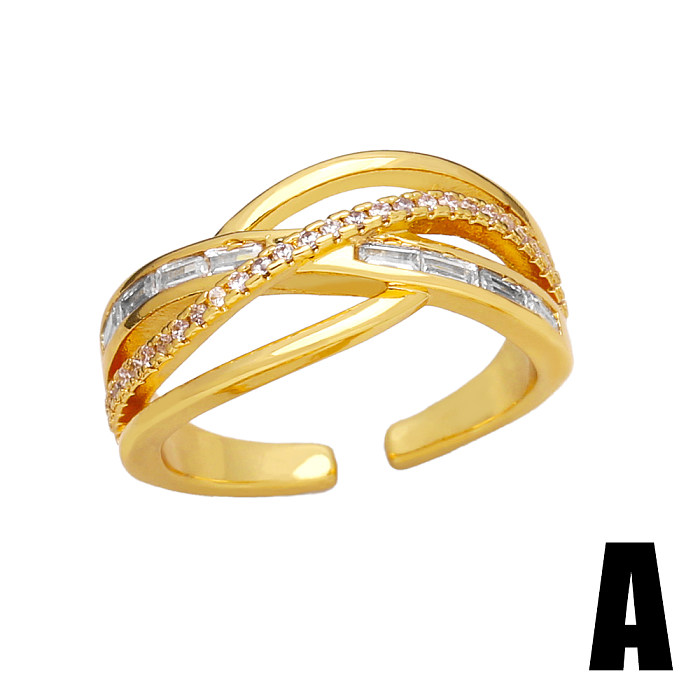 Estilo simples brilhante irregular forma de coração chapeamento de cobre incrustação zircão 18K anéis abertos banhados a ouro
