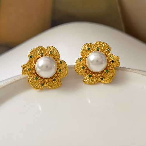 1 Pair Fashion Flower Copper Plating Inlay Artificial Pearls Zircon Ear Studs