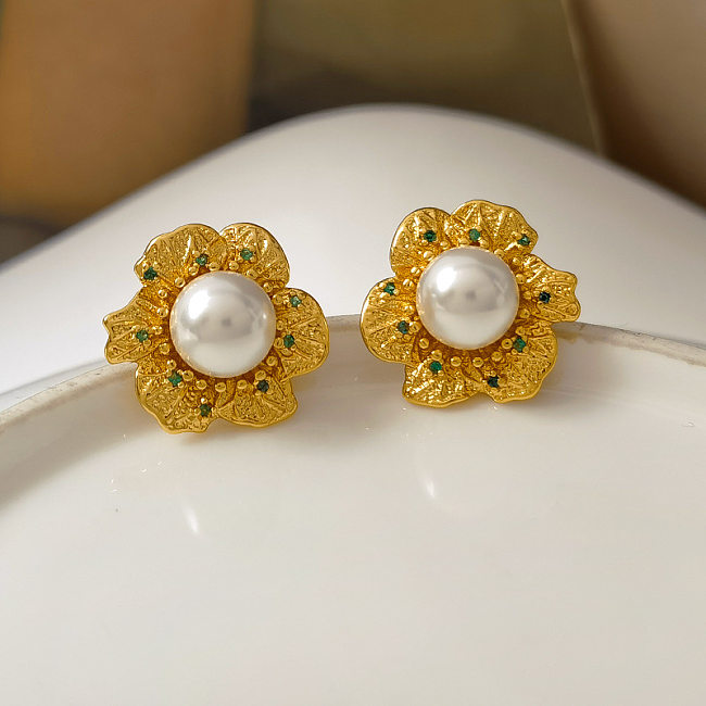 1 par de brincos de orelha de zircônia com pérolas artificiais revestidas de cobre e flores da moda