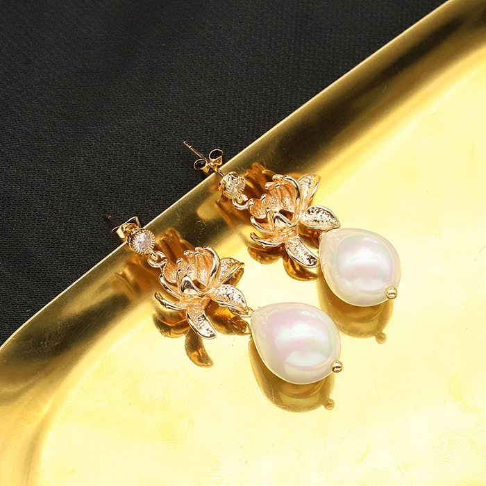 1 par de pendientes colgantes de cobre con perlas de imitación geométricas retro