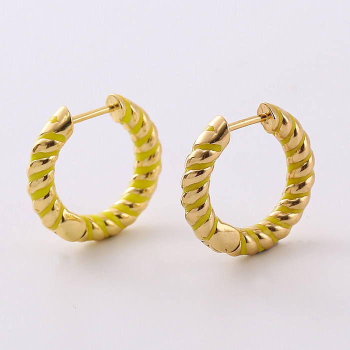 1 Pair Sweet Spiral Stripe Enamel Plating Copper 24K Gold Plated Hoop Earrings