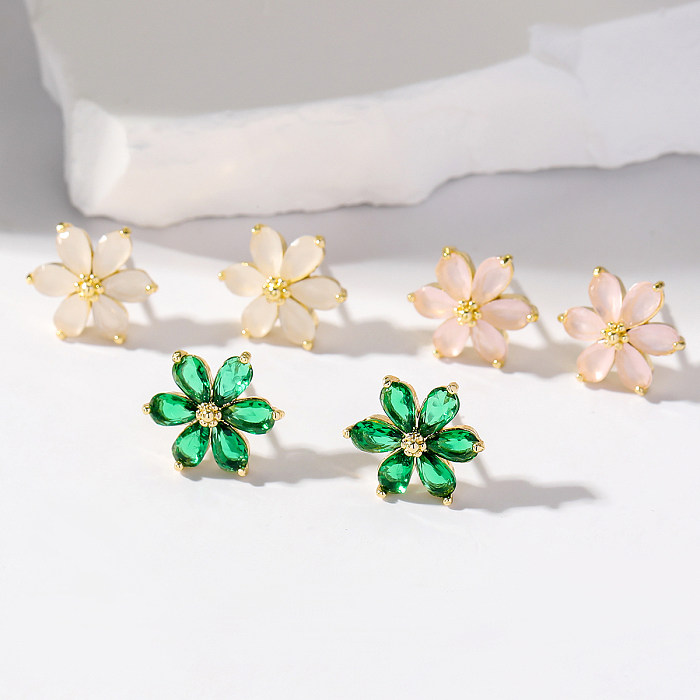 3 Pairs Korean Style Flower Plating Inlay Copper Zircon Gold Plated Ear Studs