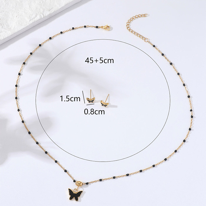 Simple Stainless Steel Plated 18K Gold Black Enamel Butterfly Necklace Earrings Set