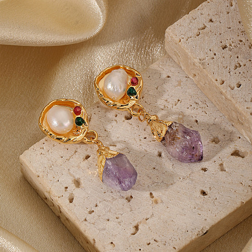 1 paire de boucles d'oreilles pendantes plaquées or 18 carats, Style Vintage, Style Simple, incrustation ronde en cuivre, perle d'eau douce
