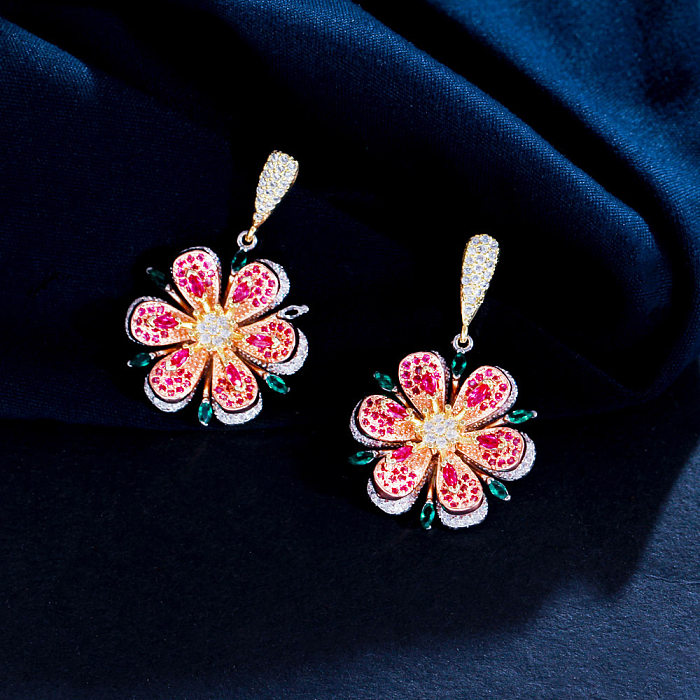 Elegante Streetwear-Ohrring-Halskette mit Blumen-Kupferbeschichtung, Inlay-Zirkon, rosévergoldet