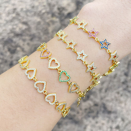 Bracelet en cuivre pour femme, couture en forme de cœur, décoration à la main, couleur Zircon, étoile à cinq branches