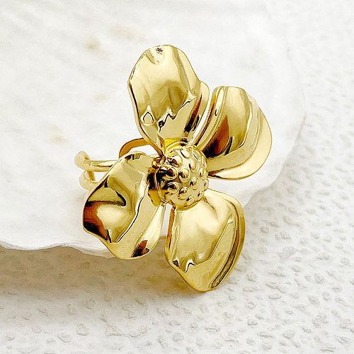 حلقات مفتوحة مطلية بالذهب مطلية بالفولاذ المقاوم للصدأ على شكل زهرة فنية حلوة أنيقة