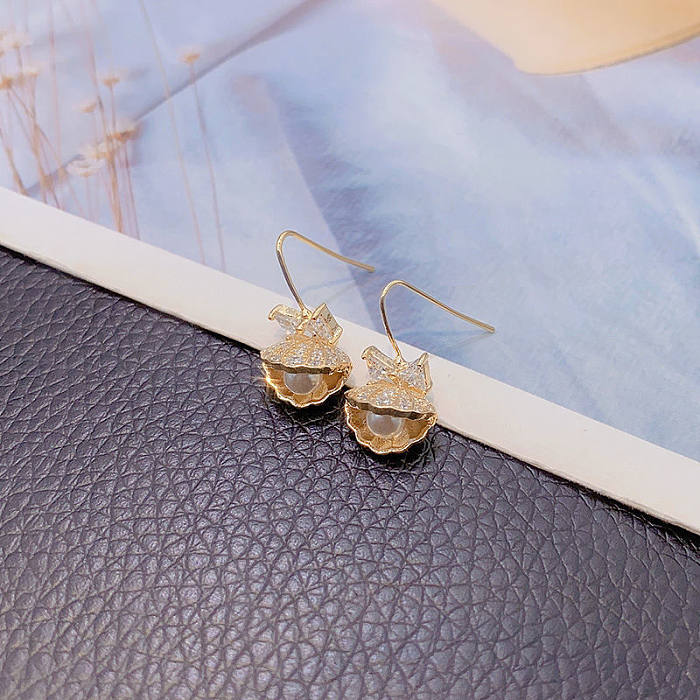 1 Pair Simple Style Bow Knot Shell Plating Inlay Copper Artificial Pearls Zircon Ear Hook