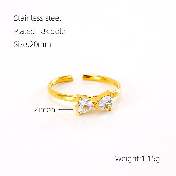 Retro doce laço nó chapeamento de aço inoxidável inlay zircon 18K anéis abertos banhados a ouro