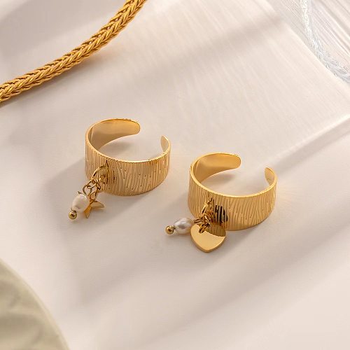 Casual Classical Simple Style Pentagram Heart Shape Stainless Steel Gold Plated Pearl Open Ring In Bulk