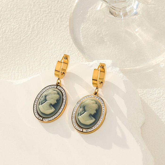 1 Pair Vintage Style Portrait Round Plating Inlay Stainless Steel Copper Turquoise Gold Plated Drop Earrings