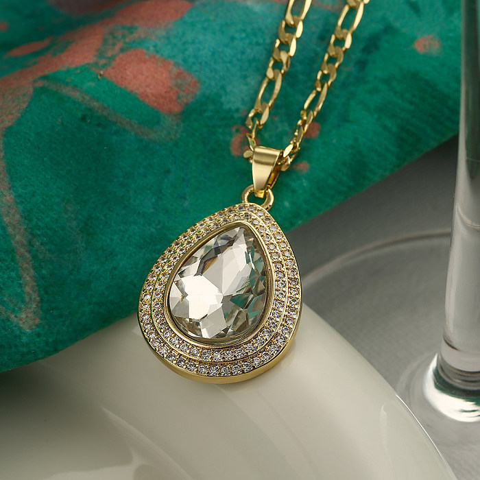 Elegant Retro Water Droplets Copper Plating Inlay Zircon 18K Gold Plated Pendant Necklace