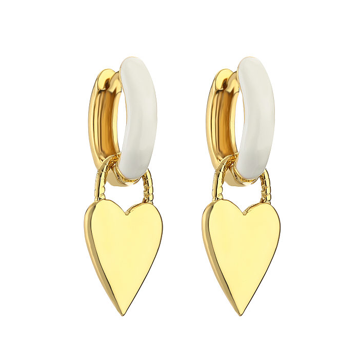 1 paire de boucles d'oreilles élégantes en forme de cœur, incrustation d'émail en cuivre et diamant artificiel