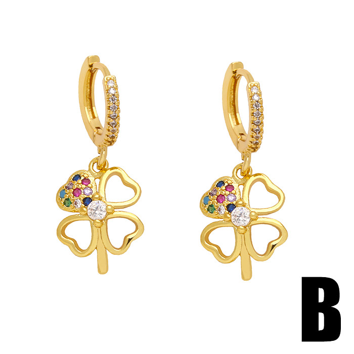 1 Pair Cute Fashion Four Leaf Clover Bear Butterfly Plating Inlay Copper Zircon 18K Gold Plated Drop Earrings