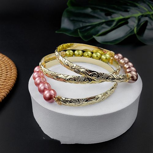 Bracelet plaqué cuivre avec monogramme de vacances rétro, perles de coquillage naturelles
