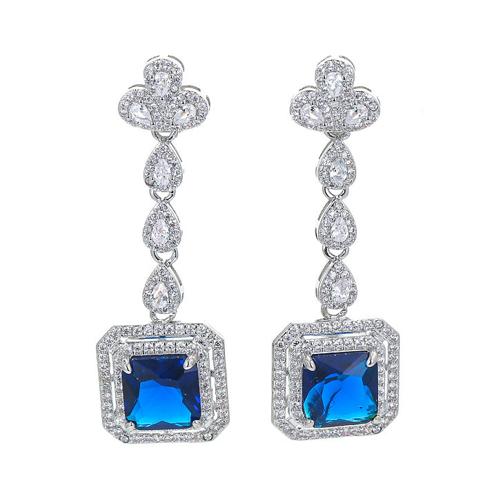 1 Pair Retro Square Water Droplets Copper Inlay Zircon Drop Earrings