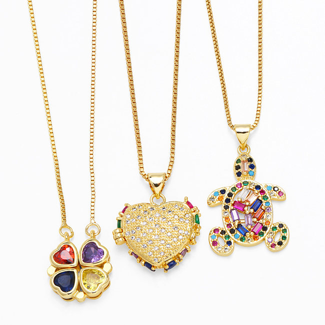 1 Piece Fashion Tortoise Four Leaf Clover Heart Shape Copper Plating Inlay Zircon Pendant Necklace