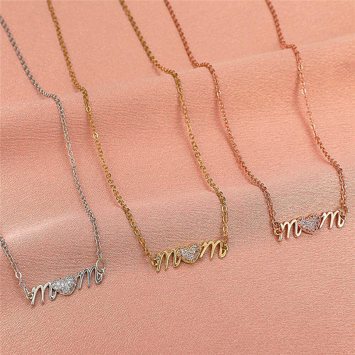 Collar de diamantes artificiales con incrustaciones de cobre en forma de corazón con letra MAMA