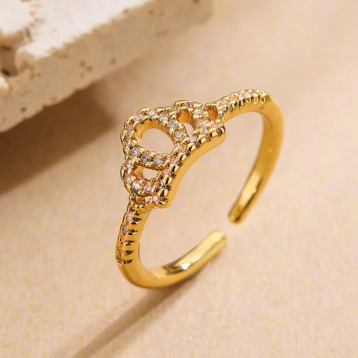 Classic Style Commute Crown Copper 18K Gold Plated Zircon Open Ring In Bulk