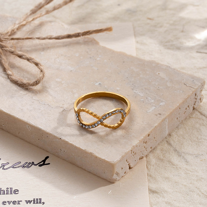 Basic Classic Style Heart Shape Flower Stainless Steel 18K Gold Plated Rhinestones Rings In Bulk