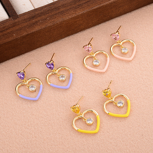 1 paire de boucles d'oreilles plaquées or 14 carats, Style Simple, en forme de cœur, incrustation de cuivre et de Zircon
