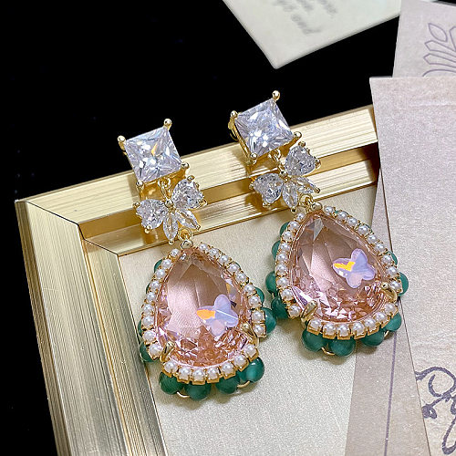 Boucles d'oreilles Glam, 1 paire de gouttelettes d'eau, incrustation de perles artificielles en cuivre, cristal Zircon