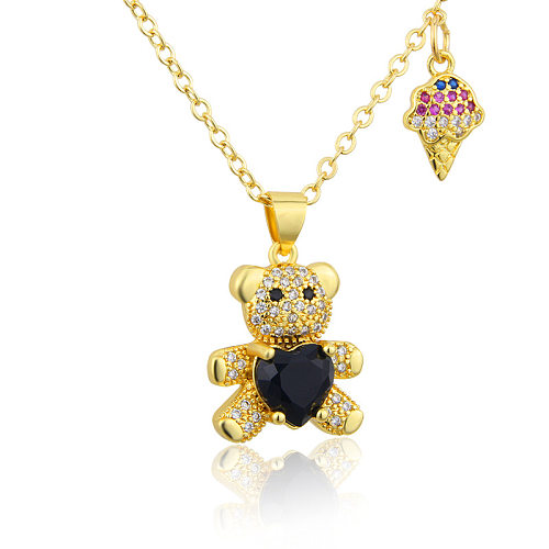 New Diamond Bear Pendant Korean Cute Teddy Bear Ice Cream Combination Copper Necklace Wholesale