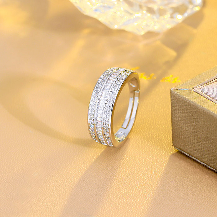 Elegante básico geométrico cobre chapeamento incrustações pedras preciosas artificiais 14k banhado a ouro branco banhado a ródio anéis