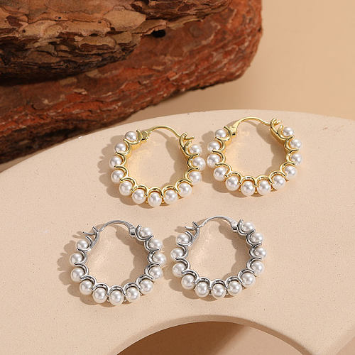 1 Paar elegante, luxuriöse, runde, verkupferte Inlay-Perlen-Creolen mit 14-Karat-Vergoldung
