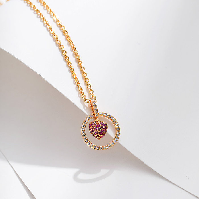 Simple Style Heart Shape Copper 18K Gold Plated Zircon Pendant Necklace In Bulk