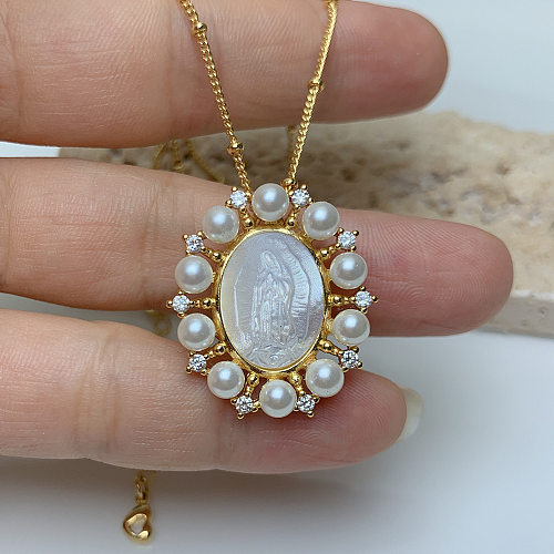 Mode Jungfrau Maria Kupfer Inlay Künstliche Perlen Muschel Halskette 1 Stück